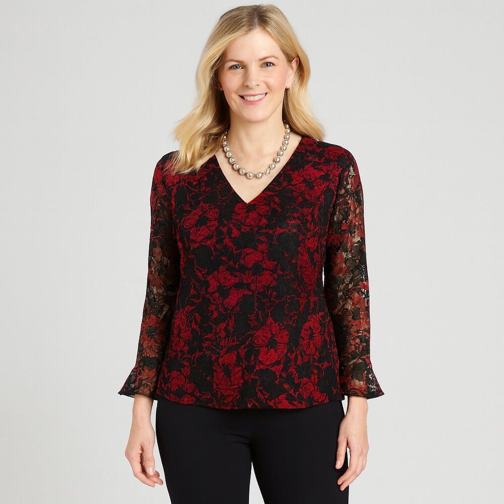 Ninety Y2K Black & Red Lace V-Neck Top | Sheer Sleeves | Romantic Gothic Chic